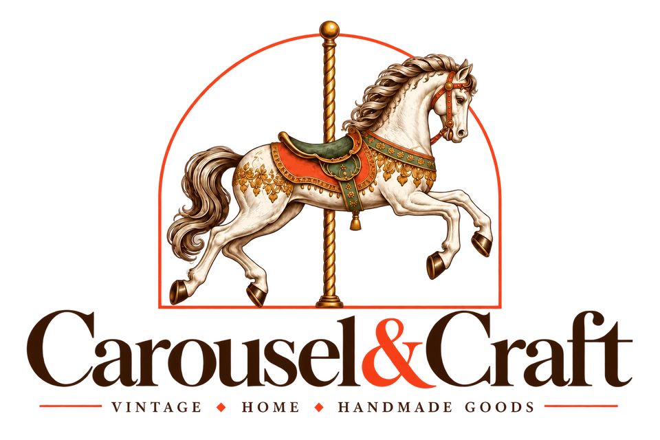 Carousel & Craft logo: an illustrated carousel horse above Vintage, Home, Handmade Goods.